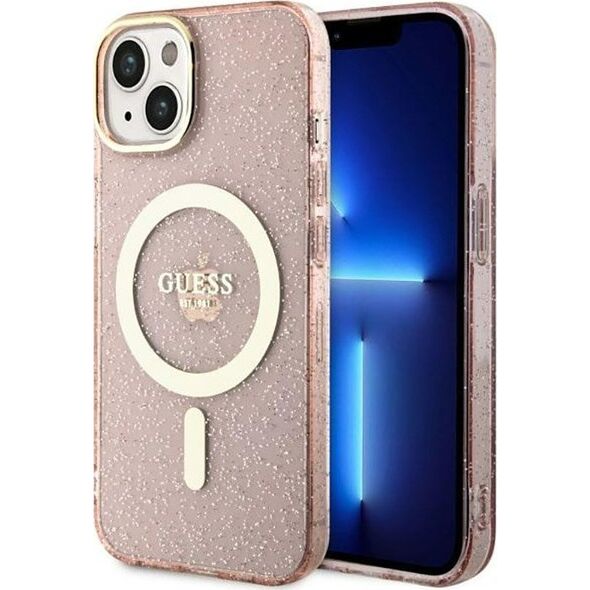 Guess Guess Glitter Gold MagSafe - Etui iPhone 14 Plus (Różowy)