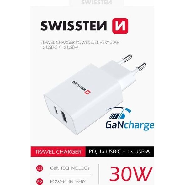 Ładowarka Swissten Swissten Travel 1x USB-C, 1x USB-A 30W