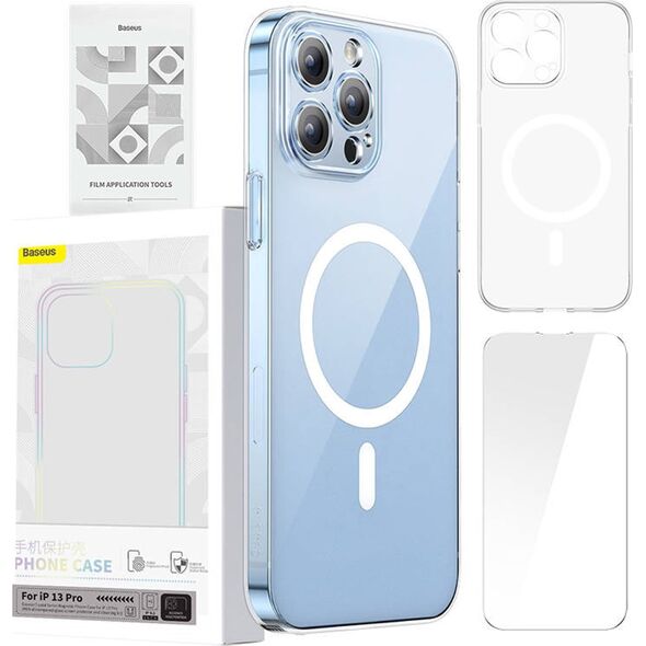 Baseus Etui ochronne Baseus Magnetic Crystal Clear do iPhone 13 Pro (transparentne) + szkło hartowane + zestaw czyszczący