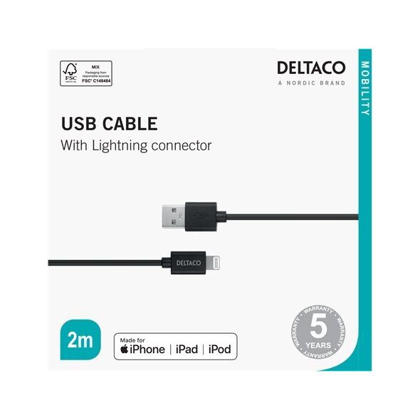 Kabel USB Deltaco USB-A - Lightning 2 m Czarny (IPLH-412)