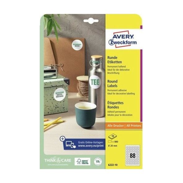 Avery Zweckform etykiety papierowe Avery Zweckform, A4, 10 ark., śr.20mm, okrągłe, trwałe