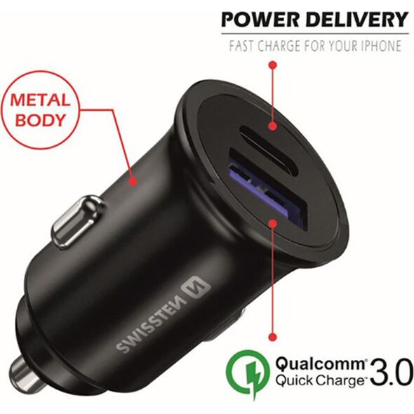 Ładowarka Swissten Ładowarka samochodowa SWISSTEN 36W, 2-portowy, USB-C, USB-A
