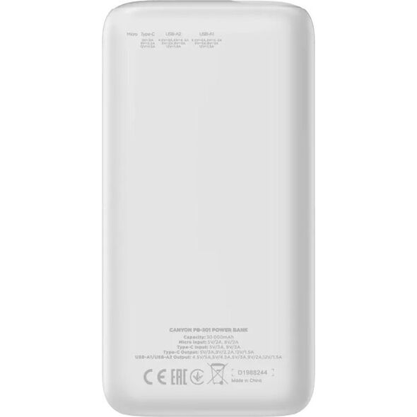 Powerbank Canyon CANYON PB - 301, Power bank 30000mAh Li-poly battery, Input Micro: DC5V/2A, 9V/2A Input Type c PD ： DC5V/3A, 9V/2A， Output Type C PD:5V/3A,9V/2.2A,12V/1.5AOutput USB A1+USBA 2 : 5V3A,5V/4.5A,4.5V/5A,9V2A,12V1.5A,22.5W quick charging cable