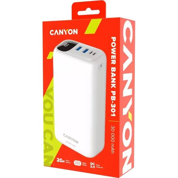 Powerbank Canyon CANYON PB - 301, Power bank 30000mAh Li-poly battery, Input Micro: DC5V/2A, 9V/2A Input Type c PD ： DC5V/3A, 9V/2A， Output Type C PD:5V/3A,9V/2.2A,12V/1.5AOutput USB A1+USBA 2 : 5V3A,5V/4.5A,4.5V/5A,9V2A,12V1.5A,22.5W quick charging cable