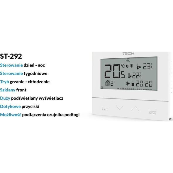 Tech Sterownik pokojowy ST-293v3 czarny, dwustanowy, szklany, montaż podtynkowy