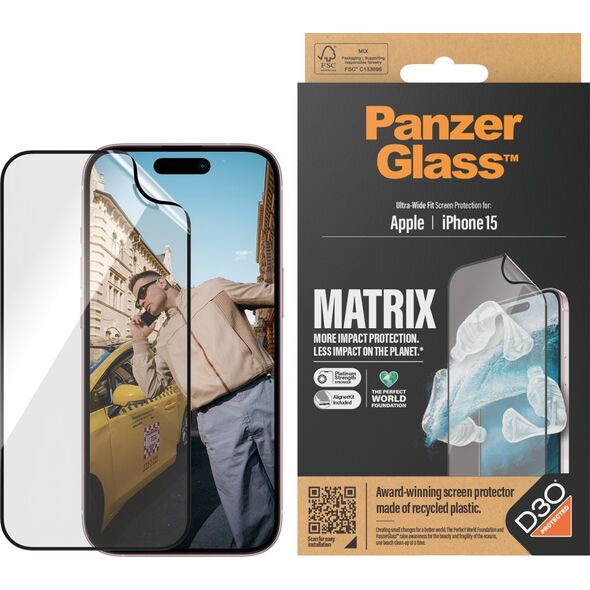 PanzerGlass Szkło hybrydowe PanzerGlass Ultra-Wide Fit Matrix iPhone 15 antybakteryjne