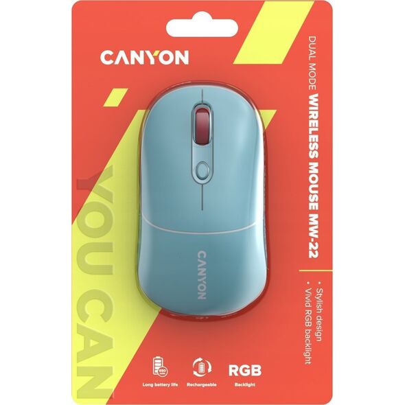 Mysz Canyon CANYON MW-22, 2 in 1 Wireless optical mouse with 4 buttons,Silent switch for right/left keys,DPI 800/1200/1600, 2 mode(BT/ 2.4GHz), 650mAh Li-poly battery,RGB backlight,Dark cyan, cable length 0.8m, 110*62*34.2mm, 0.085kg