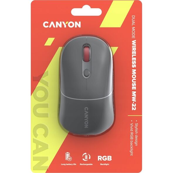 Mysz Canyon CANYON MW-22, 2 in 1 Wireless optical mouse with 4 buttons,Silent switch for right/left keys,DPI 800/1200/1600, 2 mode(BT/ 2.4GHz), 650mAh Li-poly battery,RGB backlight,Dark grey, cable length 0.8m, 110*62*34.2mm, 0.085kg