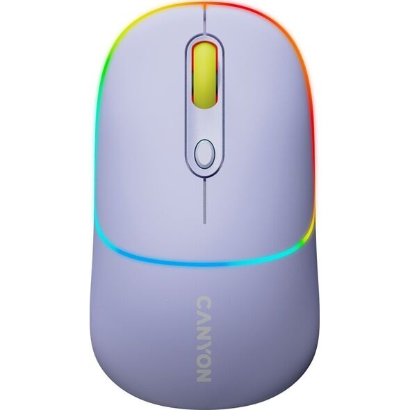 Mysz Canyon CANYON MW-22, 2 in 1 Wireless optical mouse with 4 buttons,Silent switch for right/left keys,DPI 800/1200/1600, 2 mode(BT/ 2.4GHz), 650mAh Li-poly battery,RGB backlight,Mountain lavender, cable length 0.8m, 110*62*34.2mm, 0.085kg