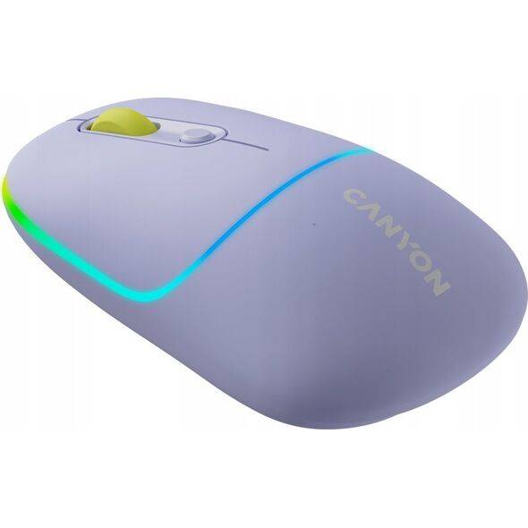 Mysz Canyon CANYON MW-22, 2 in 1 Wireless optical mouse with 4 buttons,Silent switch for right/left keys,DPI 800/1200/1600, 2 mode(BT/ 2.4GHz), 650mAh Li-poly battery,RGB backlight,Mountain lavender, cable length 0.8m, 110*62*34.2mm, 0.085kg