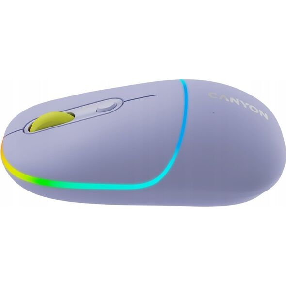 Mysz Canyon CANYON MW-22, 2 in 1 Wireless optical mouse with 4 buttons,Silent switch for right/left keys,DPI 800/1200/1600, 2 mode(BT/ 2.4GHz), 650mAh Li-poly battery,RGB backlight,Mountain lavender, cable length 0.8m, 110*62*34.2mm, 0.085kg