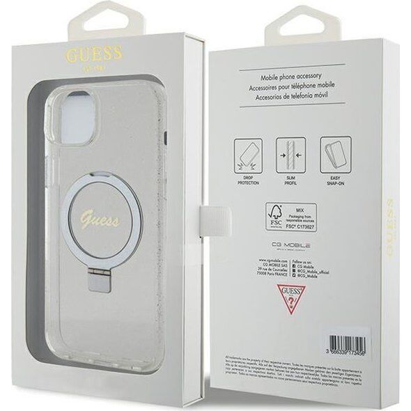 Guess Guess GUHMP15MHRSGSD iPhone 15 Plus 6.7" przezroczysty/transparent hardcase Ring Stand Script Glitter MagSafe