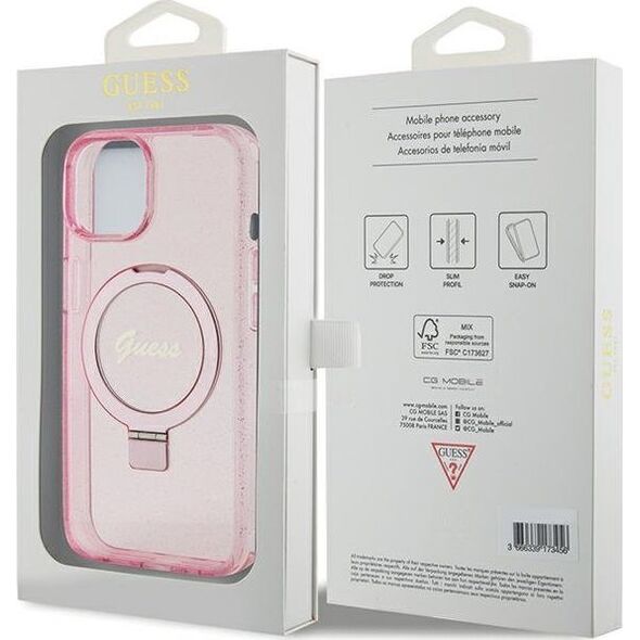 Guess Guess GUHMP15MHRSGSP iPhone 15 Plus 6.7" różowy/pink hardcase Ring Stand Script Glitter MagSafe