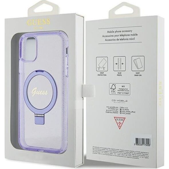 Guess Guess GUHMN61HRSGSU iPhone 11 / Xr 6.1" fioletowy/purple hardcase Ring Stand Script Glitter MagSafe