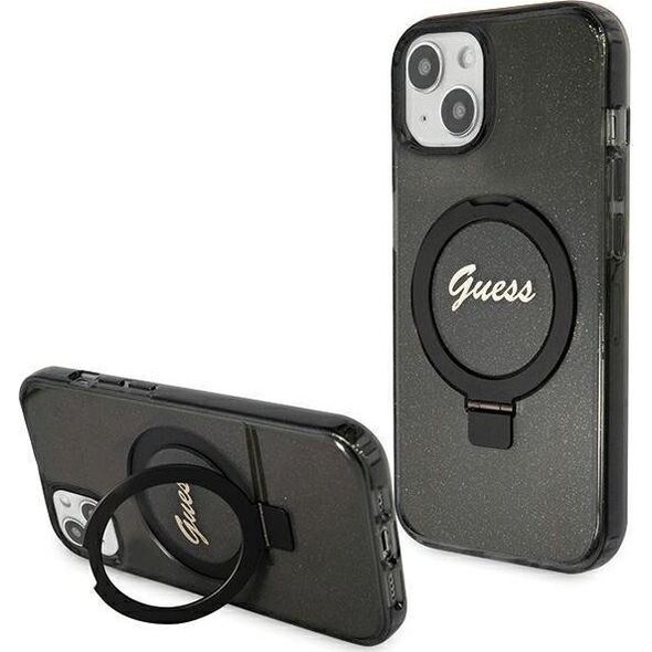 Guess Guess GUHMP13MHRSGSK iPhone 13 / 14 / 15 6.1" czarny/black hardcase Ring Stand Script Glitter MagSafe