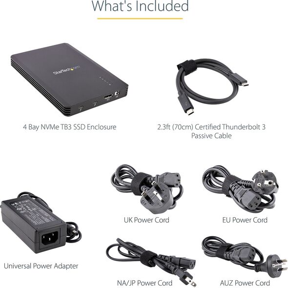 Kieszeń StarTech StarTech.com 4 Bay Thunderbolt 3 NVMe Enclosure, For M.2 NVMe SSD Drives, 1x DisplayPort Video/ 2x TB3 Downstream Ports, 40Gbps, 72W Power Supply, External Hard Drive Enclosure, SSD enclosure, M.2, M.2, 40 Gbit/s, USB connectivity, Black