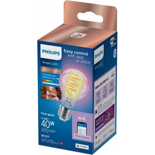 Philips WiZ | Philips Smart WiFi Filament Clear RGB | E27 | 6.3 W | Full colour