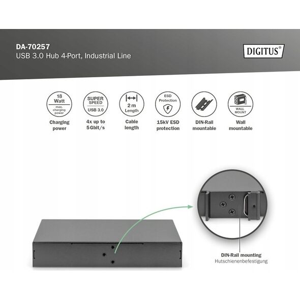 HUB USB Digitus USB Hub Digitus 4-Port USB 3.0 Hub, Industrial