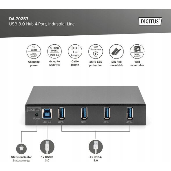 HUB USB Digitus USB Hub Digitus 4-Port USB 3.0 Hub, Industrial