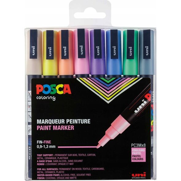 Posca Uni-Ball PC-3M, Multicolour, Pastel, Multicolour, 8 colours, Fine, 0.9 mm, 1.3 mm