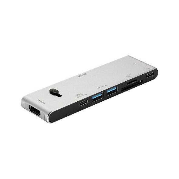 Adapter USB Deltaco USB-C jungčių stotelė DELTACO USB-C į HDMI/DisplayPort/USB-A/USB-C/atminties kortelės skaitytuvas, 3840x2160, PD 100W, pilka / USBC-HDMI21