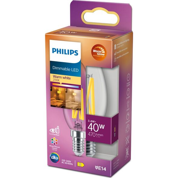 Philips Philips Candle & Lustre (Dimmable), 3.4 W, 40 W, E14, 470 lm, 15000 h, Warm glow