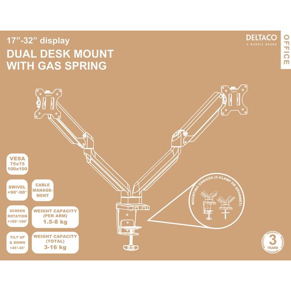 Deltaco Deltaco Monitora stativs Dual Gas Spring Deltaco