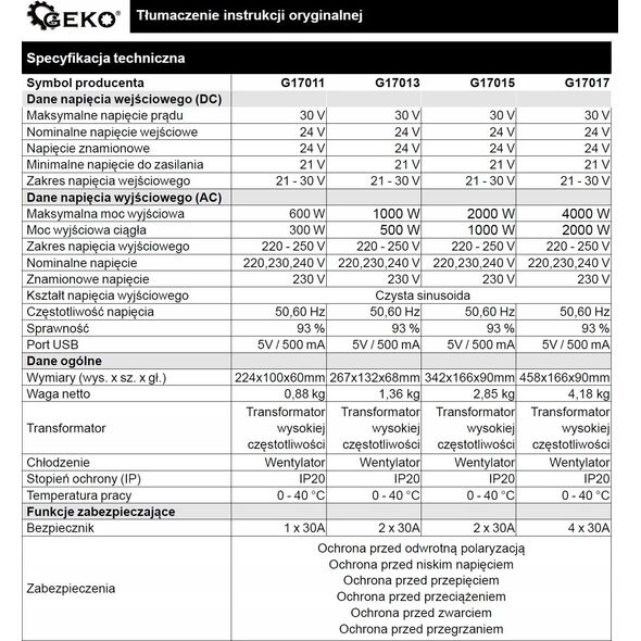 Przetwornica Geko Przetwornica napięcia SINUS 24V/230V 1000/2000W (4)