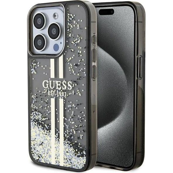Guess Guess GUHCP15LLFCSEGK iPhone 15 Pro 6.1" czarny/black hardcase Liquid Glitter Gold Stripes