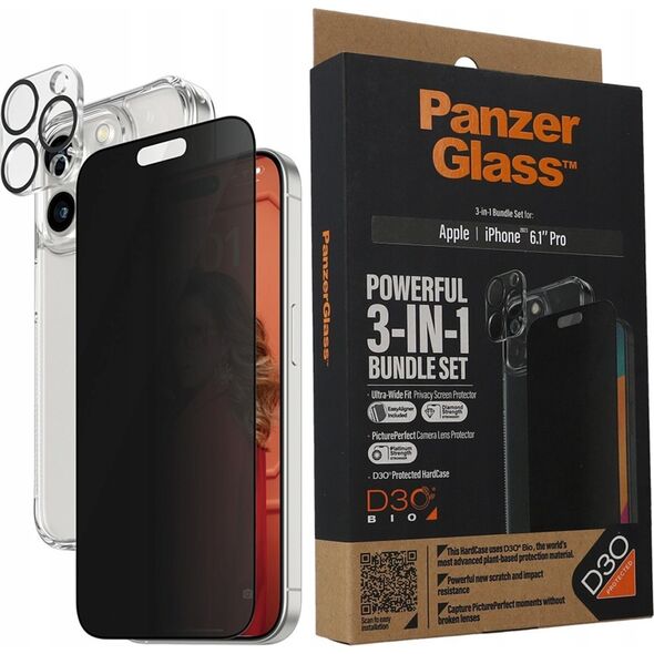 PanzerGlass PanzerGlass Privacy Bundle 3in1 iPhone 15 Pro 6.1" D3O Hardcase + Screen Protector UWF+ Lens 1137+1173+P2810