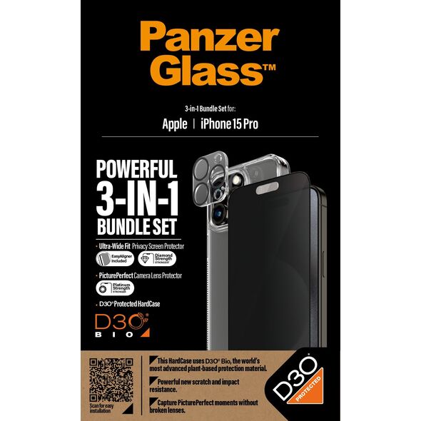 PanzerGlass PanzerGlass Privacy Bundle 3in1 iPhone 15 Pro 6.1" D3O Hardcase + Screen Protector UWF+ Lens 1137+1173+P2810