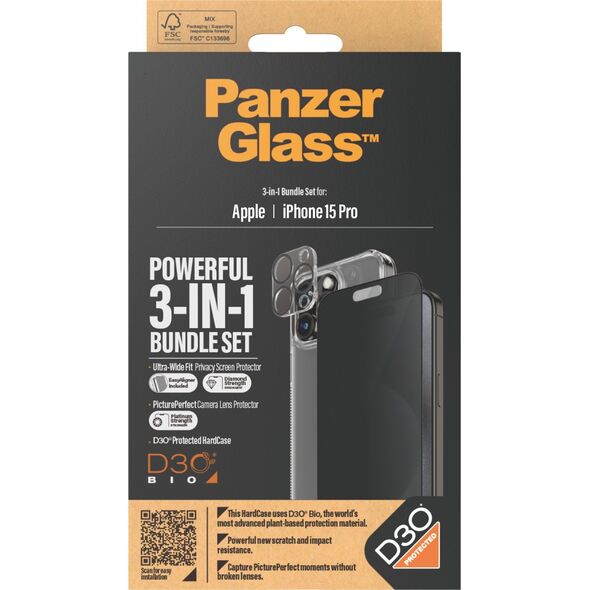 PanzerGlass PanzerGlass Privacy Bundle 3in1 iPhone 15 Pro 6.1" D3O Hardcase + Screen Protector UWF+ Lens 1137+1173+P2810