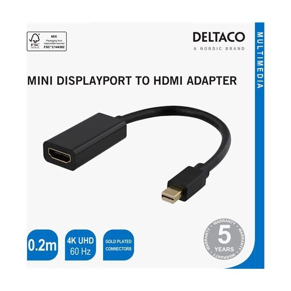Adapter AV Deltaco Adapteris DELTACO HDMI - miniDisplayPort, 4K UHD 60Hz, 0.2m, juodas / R00110024