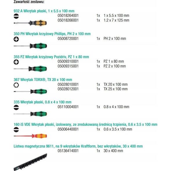 Zestaw narzędzi Wera Wera 9650 magnetic strip Kraftform screwdriver set, 9 pieces
