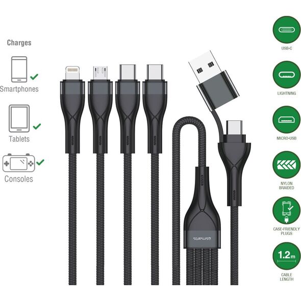 Kabel USB 4smarts USB-A + USB-C - 2x USB-C + Lightning + microUSB 1.2 m Czarny (541023)