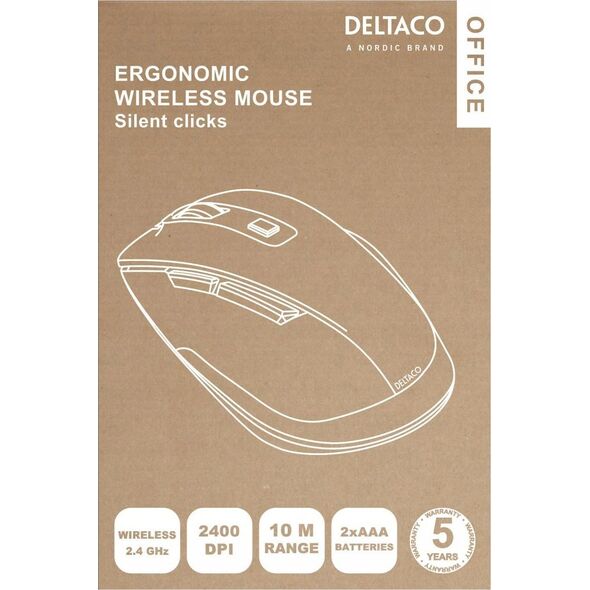 Mysz Deltaco Deltaco Ergoniška pelė DELCO OFFICE tylūs patarimai, bevielė 2.4G, 2400 DPI, juoda / DE-0310