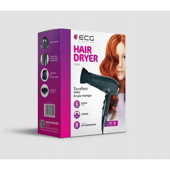 Suszarka ECG ECG Plaukų džiovintuvas VV 115, 2200W, 3 levels of heating, 2 levels of power, Cool air function, Overheating protection