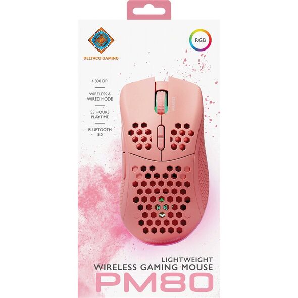 Mysz Deltaco Belaidė itin lengva žaidimų pelė DELTACO GAMING Rožinis LINE PM80 70g svorio, RGB, SPCP6651, 400-4800 DPI, 1000 Hz, rožinė / GAM-120-P