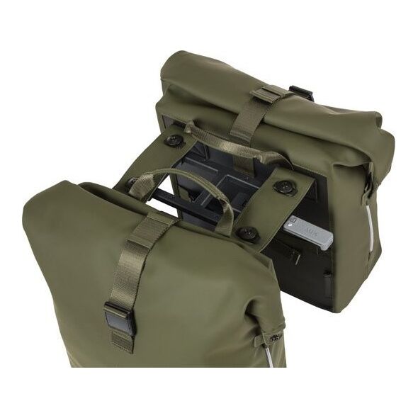 Basil Sakwa podwójna BASIL SOHO DOUBLE PANNIER BAG NORDLICHT MIK, MIK System (ready to go) 41L, 100% wodoodporna moss green oświetlenie Nordlicht Technology