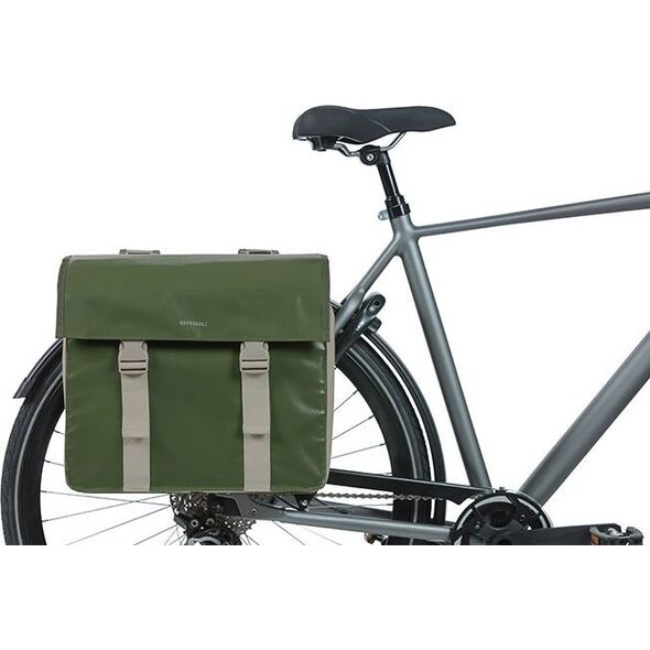 Basil Sakwa miejska podwójna BASIL URBAN LOAD DOUBLE PANNIER BAG 48-53L, Universal Bridge System, 100% wodoodporna, moss green/sand (NEW 2024)