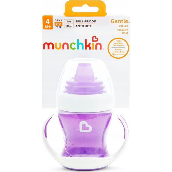 Munchkin MUNCHKIN mokomoji gertuvė su rankenomis ir minkštu snapeliu, Gentle Transition, violetinė, 4mėn+, 118 ml, 012550WWW