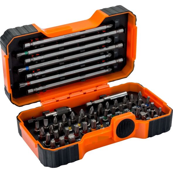 Bahco Zestaw bitów 54 szt. sześciokątne, płaskie, Phillips, Pozidriv, Robertson, TORX z otworem, kolorowe TORX BAHCO