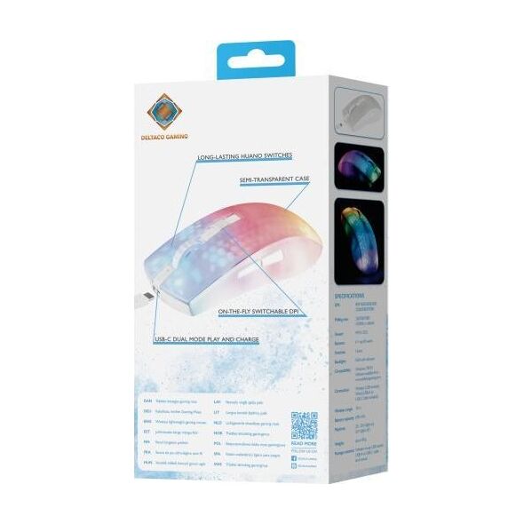 Mysz Deltaco Belaidė pusiau permatoma DELTACO GAMING pelė, RGB, itin lengva, balta / GAM-145-W