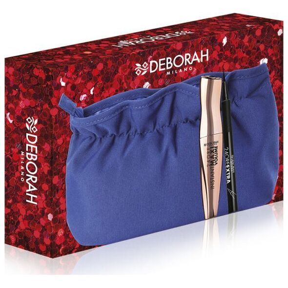 Deborah Set Deborah: Instant Maxi Volume, Volumizing, Mascara, Black, 11 ml + 24 Ore Extra, Gel Pencil Eyeliner, Black, 1.5 g + Makeup Bag, Blue For Women