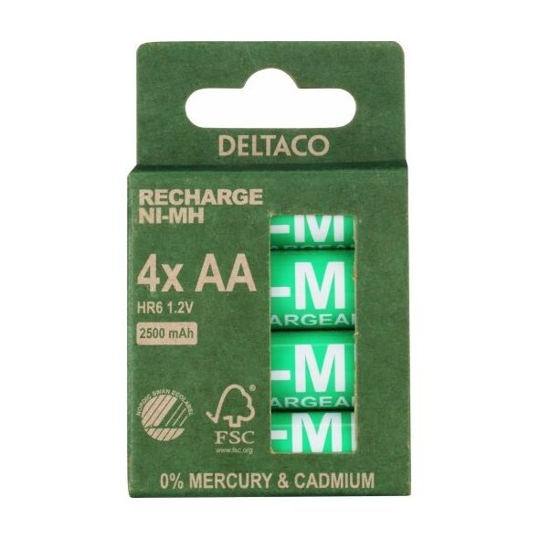 Deltaco Įkraunamos AA baterijos DELTACO AA 2500mAh, pažymėtos "Nordic Swan" ekologiniu ženklu, 4 vnt. pakuotė / ULT-NH2500AA-4P