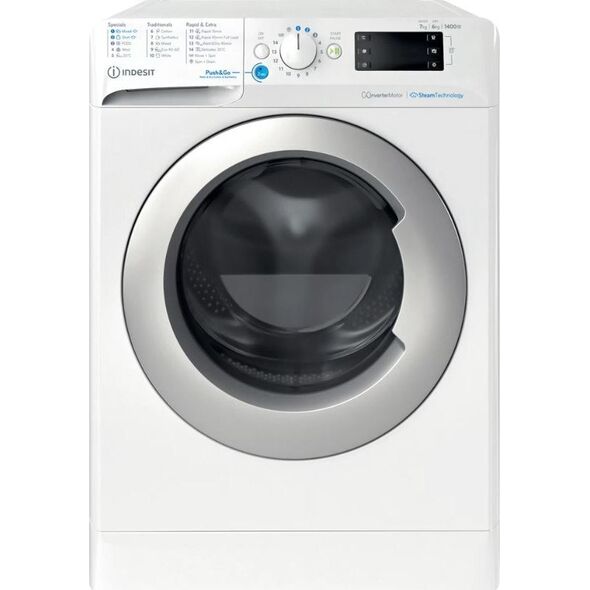Pralko-suszarka Indesit INDESIT | Washing machine with Dryer | BDE 76435 WSV EE | Energy efficiency class B/D | Front loading | Washing capacity 7 kg | 1351 RPM | Depth 54 cm | Width 60 cm | LCD | Drying system | Drying capacity 6 kg | Steam function | Wh