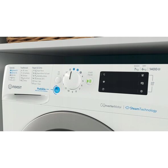 Pralko-suszarka Indesit INDESIT | Washing machine with Dryer | BDE 76435 WSV EE | Energy efficiency class B/D | Front loading | Washing capacity 7 kg | 1351 RPM | Depth 54 cm | Width 60 cm | LCD | Drying system | Drying capacity 6 kg | Steam function | Wh