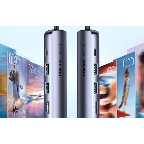 HUB USB Ugreen Hub / Adapter Ugreen Revodok CM418 USB-C do 2x USB, HDMI 4K 30 Hz, RJ45 1Gbps, PD 100W (szary)
