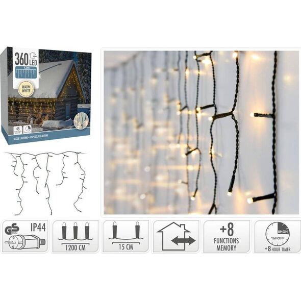 Koopman LAMPKI CHOINKOWE KURTYNA ŚWIETLNA ZEW 360 LED STEROWNIK TIMER CIEPŁY BIAŁY KABEL ZIELONY