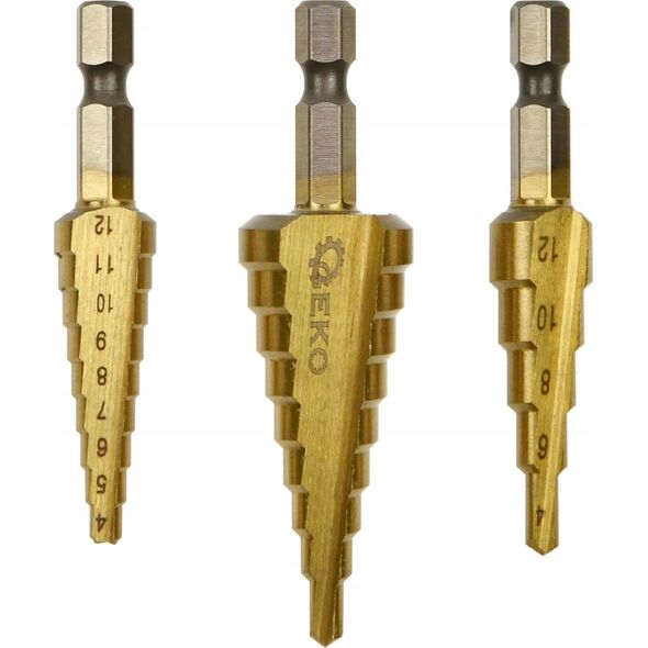 Wiertło Geko Kpl. wierteł stożkowych 1/4" Hex 3szt. (3-12,4-12,4-20mm) (100)